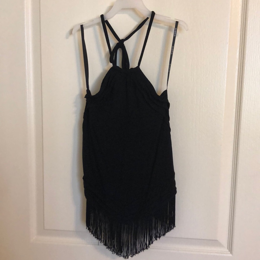 Open back fringe black crop top